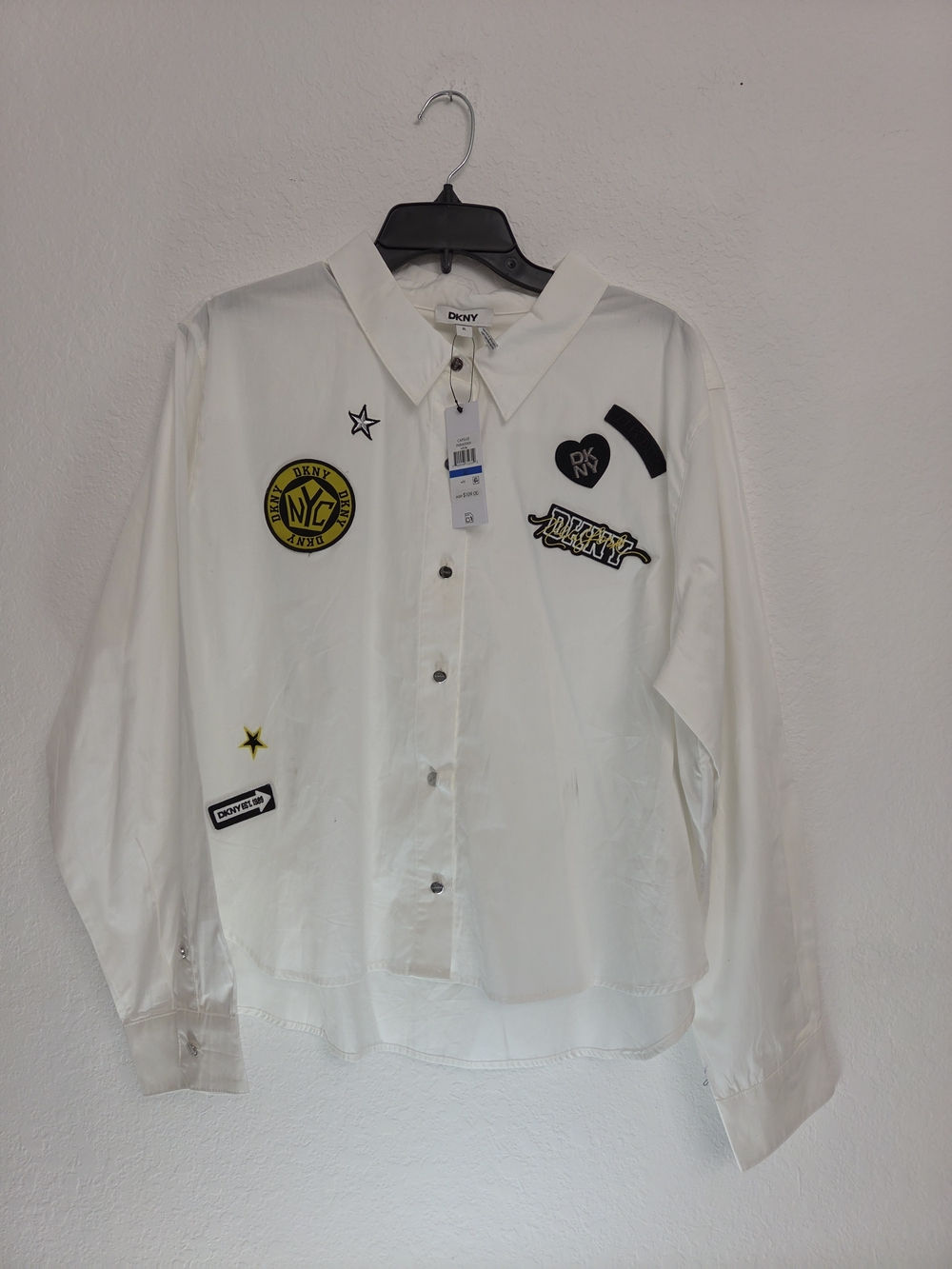 DKNY White Button-Down Shirt with Patch Accents